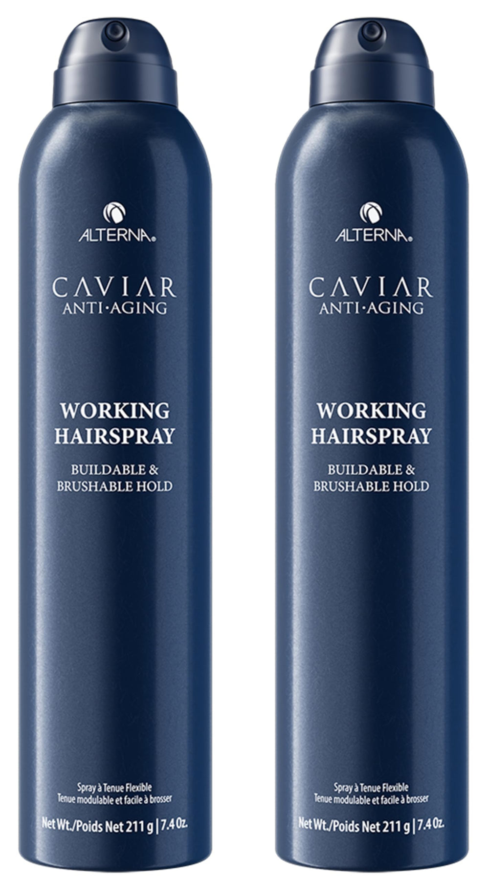 Alterna Caviar Anti-Aging styling spray bottle offers brushable, flexible-hold finish.