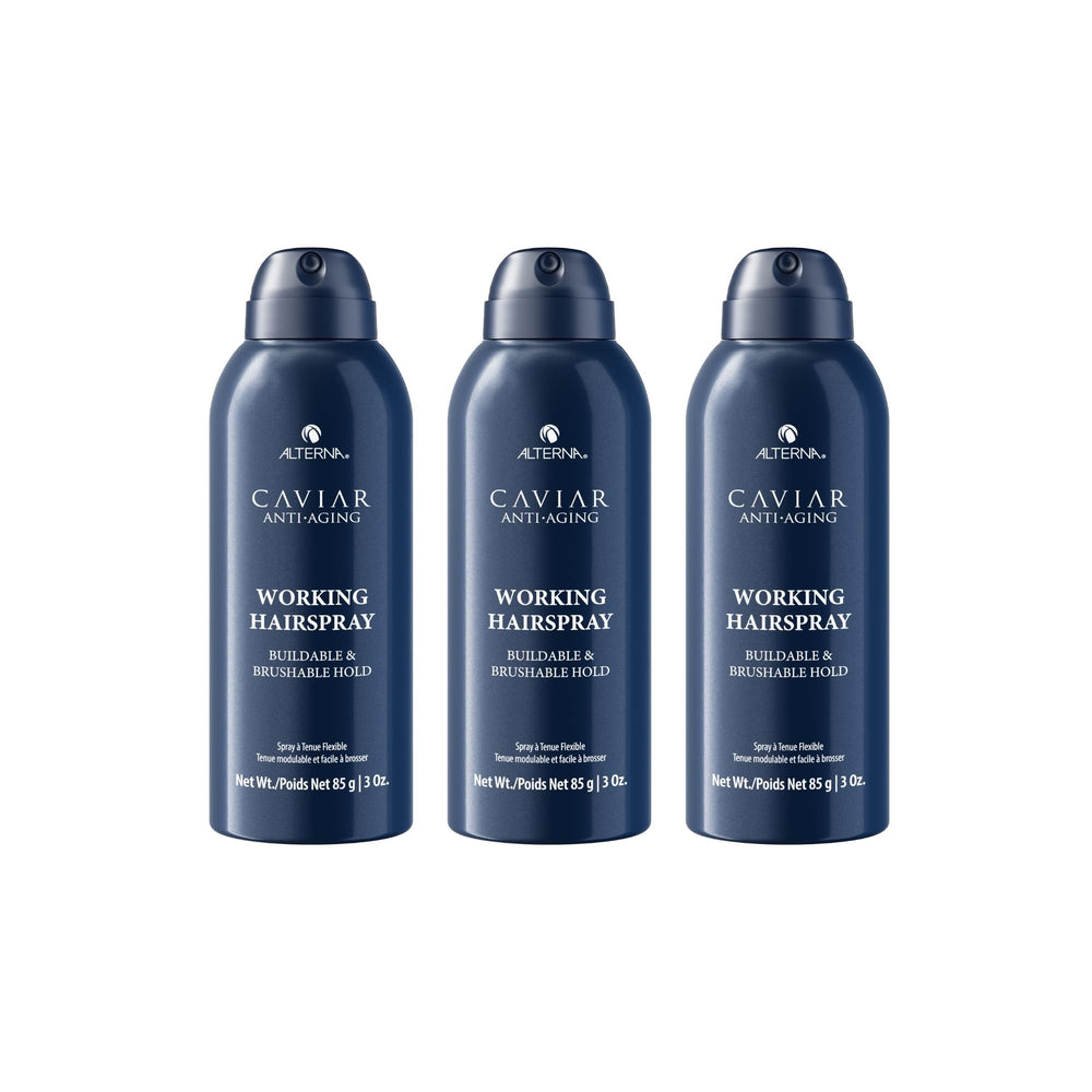 Alterna Caviar Anti-Aging Working Hairspray travel-size bottle for buildable hold and shine