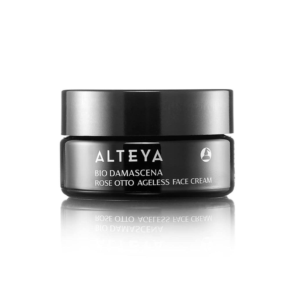 Alteya Organics face cream bottle showing rich hydration with Bulgarian rose oil.