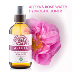 Alteya Rose Water in amber glass highlights pure steam-distilled Bulgarian Rosa Damascena for daily toning.