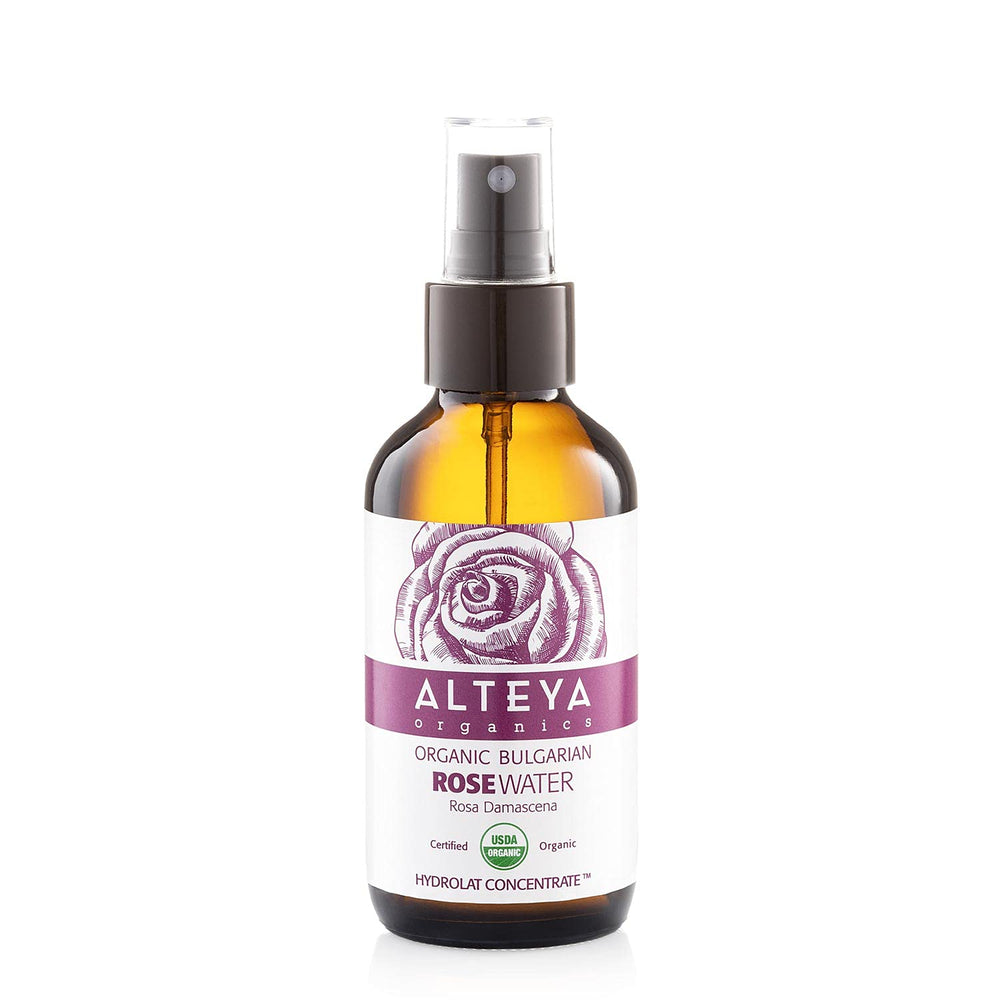 Alteya Organics Rose Water bottle spray for refreshing skin hydration.