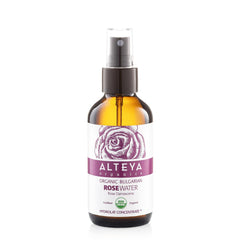 Alteya Organics Rose Water bottle spray for refreshing skin hydration.