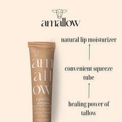 Amallow lip balm packaging highlighting grass-fed beef tallow and natural ingredients