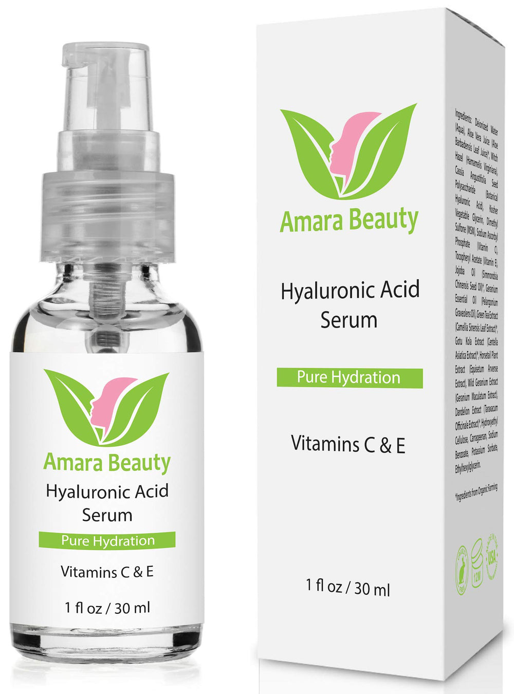 Amara Beauty Hyaluronic Serum bottle with pump for intense hydration