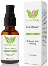 Amara Beauty Retinol Serum bottle showing the 2.5% formula for smoother, brighter skin.