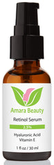 Amara Beauty retinol serum with hyaluronic acid label close-up emphasizing moisturizing formula.