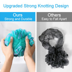 Hanging storage ribbon keeps the loofah dry after shower