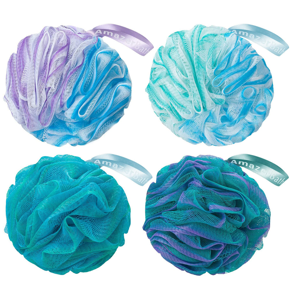 AmazerBath loofah set with four colors, unpacked for display and selection