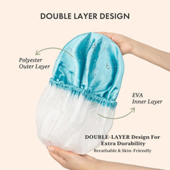 AamazerBath shower cap inner view highlights EVA liner for reliable protection.