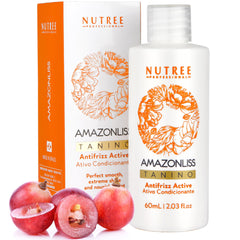 Amazonliss Tanino bottle illustrating smoothing formula for hydrated hair