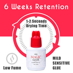 Amber Lash Magic Glue drying in 1-2 seconds supports quick lash applications.