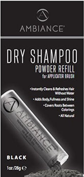 Ambiance dry shampoo powder refill for black hair showing tinted finish for refresh between washes