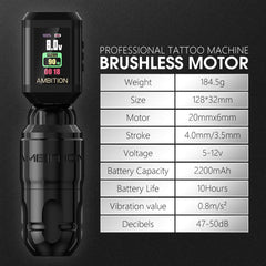 Ambition wireless tattoo machine with battery display for mobility and uptime.