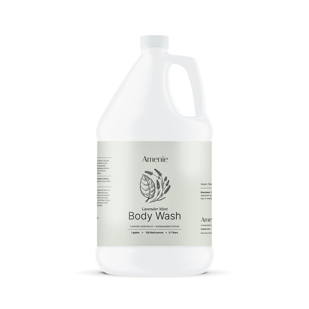Amenie Lavender Mint Body Wash bottle on a spa shelf, ideal for hotel amenities.
