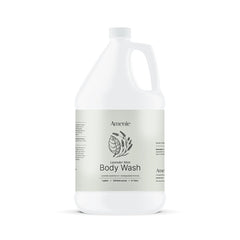 Amenie Lavender Mint Body Wash bottle on a spa shelf, ideal for hotel amenities.