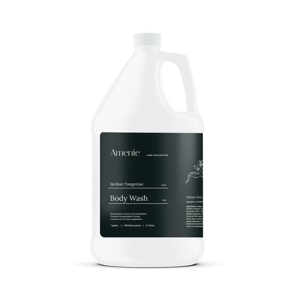 Amenie Sicilian Tangerine Body Wash bottle offers spa-like cleansing for hotel bathrooms.