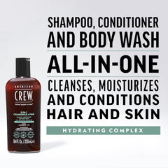 American Crew 3-in-1 Chamomile & Pine lather demonstrates gentle cleansing for hair and body.