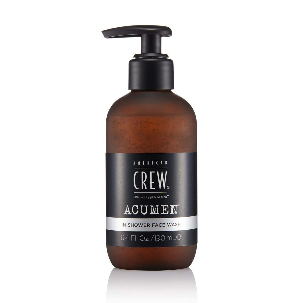 American Crew face wash bottle in shower pour for quick cleansing.
