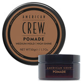 American Crew pomade travel-size tin showing medium hold and high shine in use