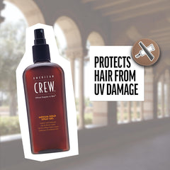 Illustration of sunscreen feature in American Crew spray gel.