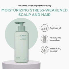 AMOS PROFESSIONAL Green Tea Shampoo lather close-up, caffeine-powered root strengthening.