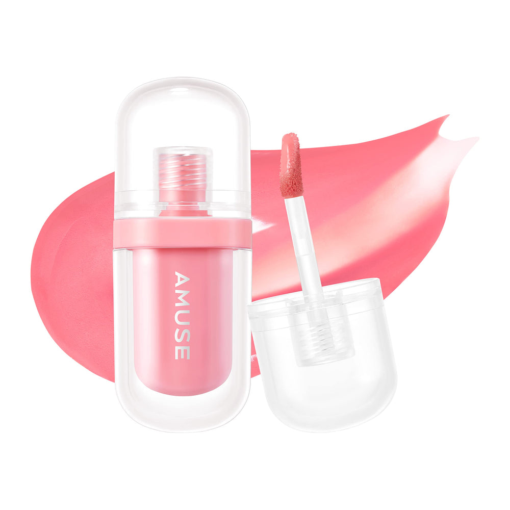 Amuse Seoul Jel-Fit Tint Healthy Salmon gloss close-up shows vibrant translucent color.
