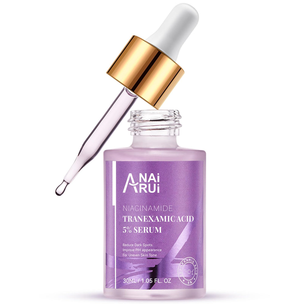 ANAI RUI tranexamic serum bottle on a clean vanity to brighten uneven skin tone.