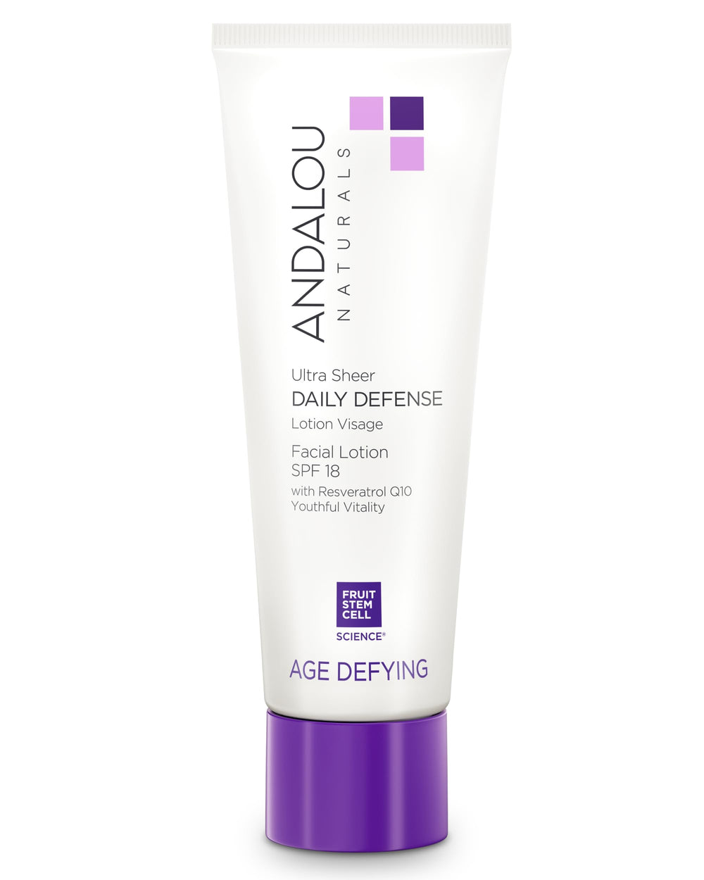 Andalou Naturals age-defying ultra-sheer SPF 18 bottle for lightweight protection