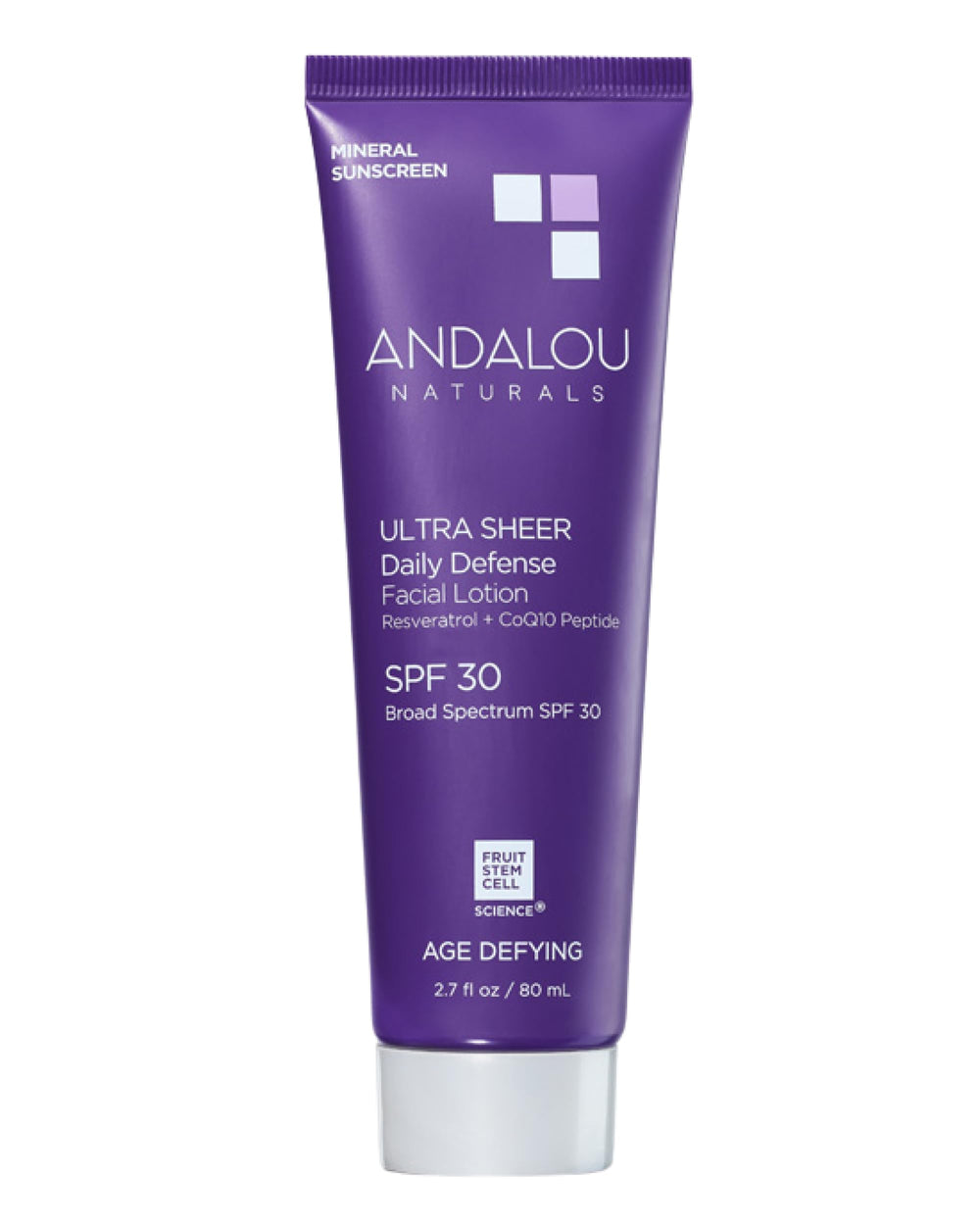 Andalou Naturals Age Defying Ultra Sheer SPF 30 bottle with mineral sun protection.