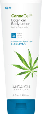 Andalou Naturals CannaCell Harmony lotion bottle highlighting nourishing body care for all skin types.
