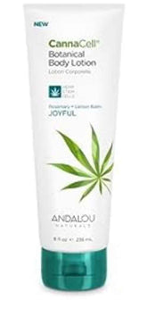 Andalou Naturals CannaCell Joyful lotion bottle front for nourished skin.