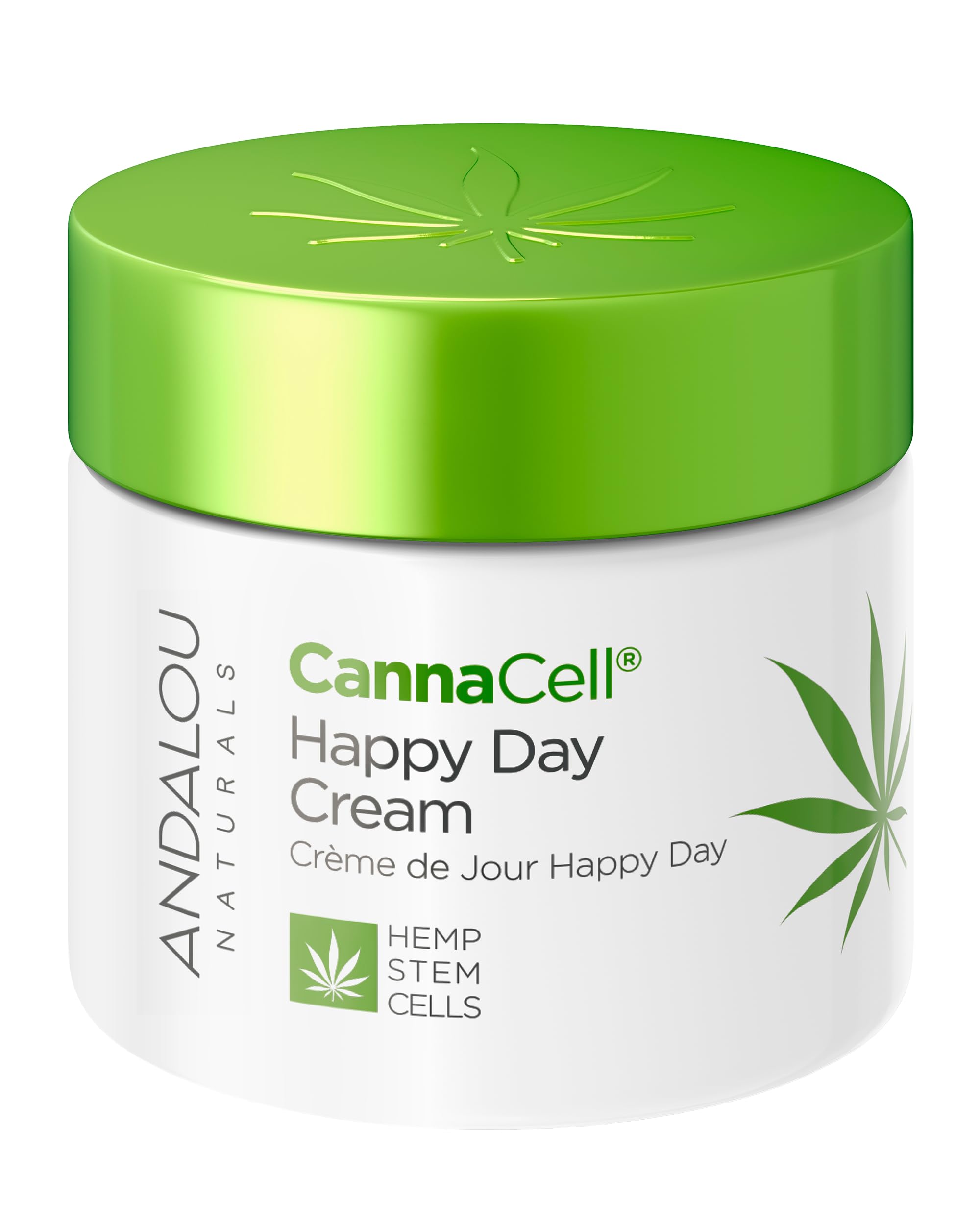 Andalou Naturals Cannacell Happy Day Cream bottle close-up highlighting hemp stem cells for radiant skin.