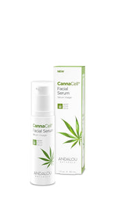 Andalou Naturals CannaCell Serum bottle showcases hydration for radiant skin.