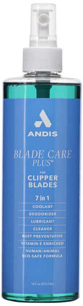 Andis Blade Care Plus spray bottle shown for blade maintenance and cooling.