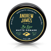 ANDREW JAMES Be Easy pomade jar close-up, showcasing matte finish and strong hold.