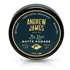 ANDREW JAMES Be Easy pomade jar close-up, showcasing matte finish and strong hold.