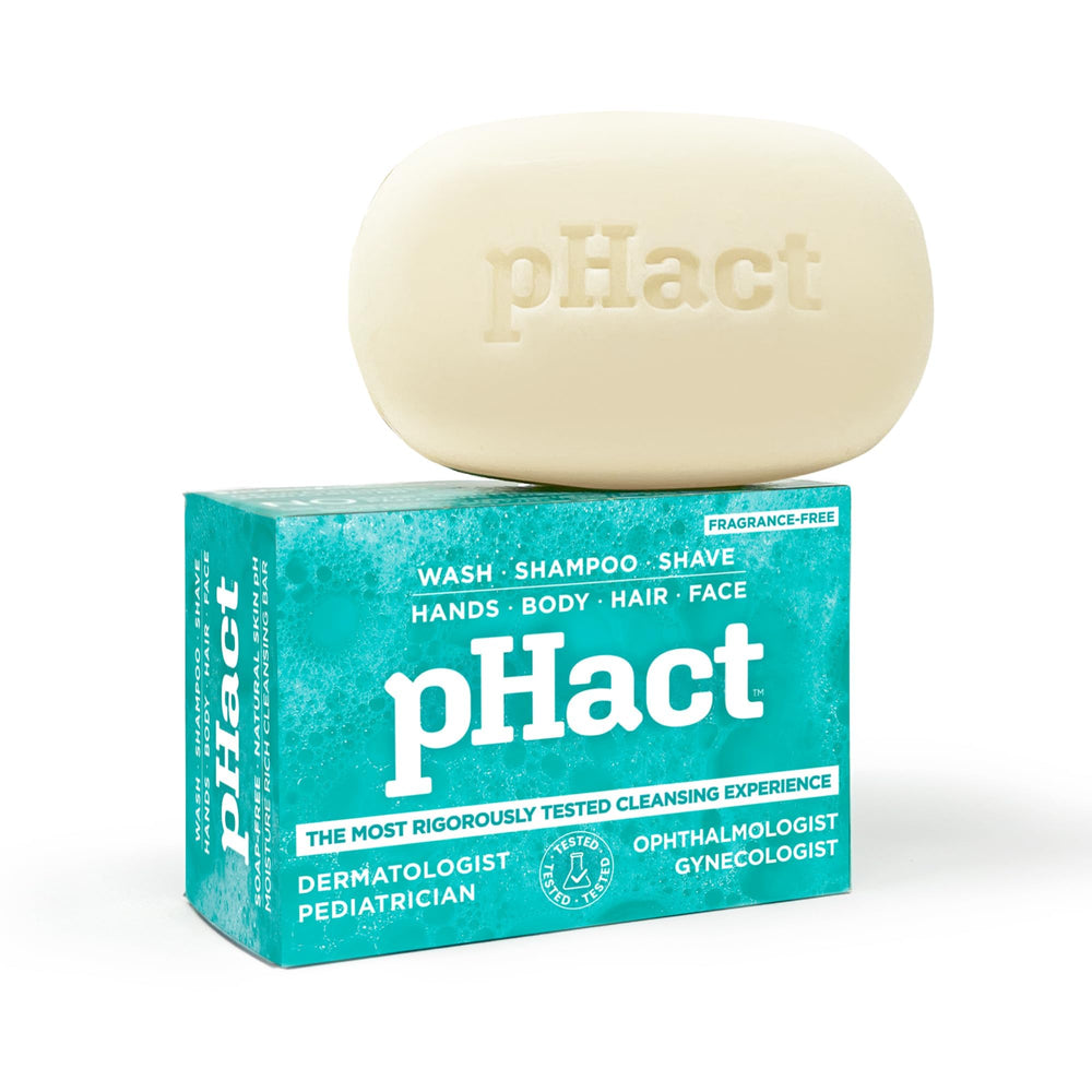 Andrew Lessman pHact bar on pack highlighting fragrance-free formulation for sensitive skin.