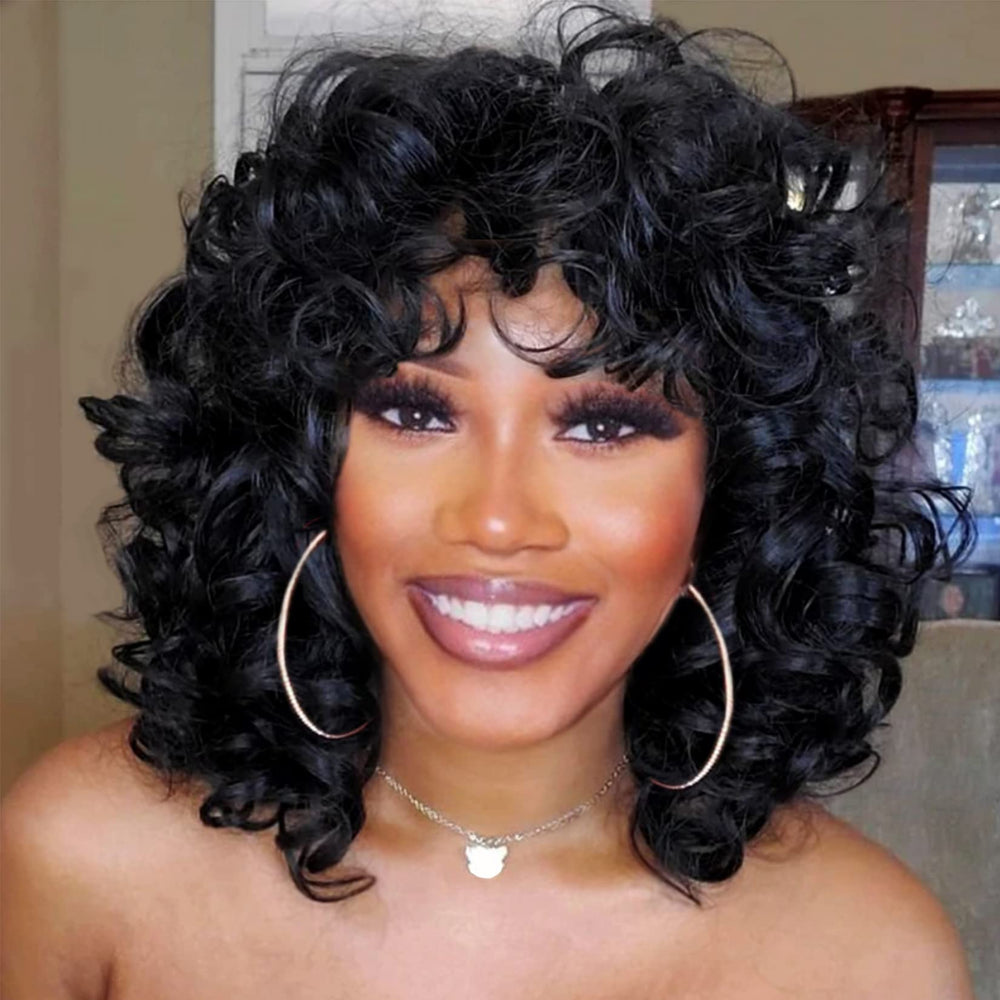 Andromeda Curly Wig with black bangs, 14in, for natural daily styling.