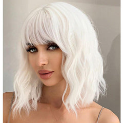 Andromeda white wavy wig front view with bangs for daily wear.