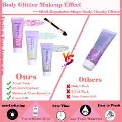 Angels Beauty white-silver-pink glitter gel on body for mermaid glow.