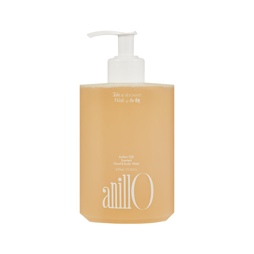ANILLO Amber528 body wash bottle shows hydrating formula for silky skin.