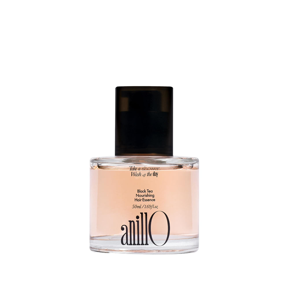 ANILLO Black Tea Nourishing Hair Essence bottle highlights lightweight formula for silky shine