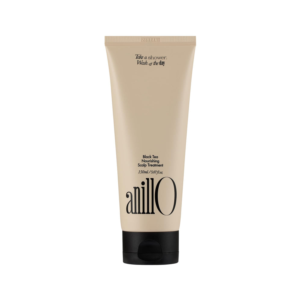 ANILLO Black Tea Vegan Hair Mask bottle highlighting deep conditioning for silkier hair.