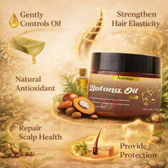 Animus Batana Oil scalp massage scene conveys gentle conditioning.