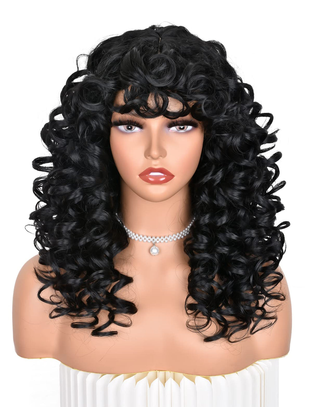 ANNISOUL black curly wig with bangs for versatile daily looks and styling options.