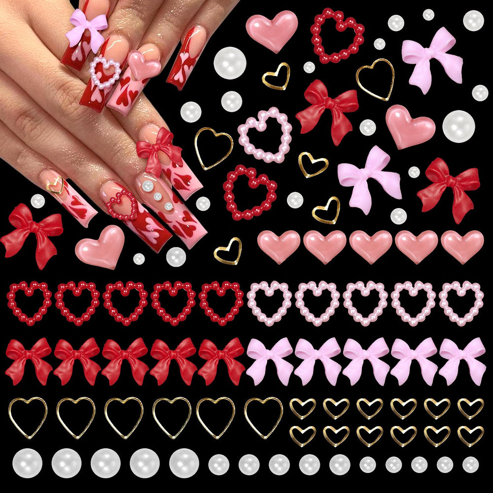 Anower pink and red 3D heart and bow nail charms add eye-catching detail.