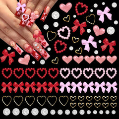Anower pink and red 3D heart and bow nail charms add eye-catching detail.