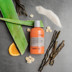 Anthony Facial Scrub aloe chamomile scene emphasizes soothing relief during the daily cleanse.