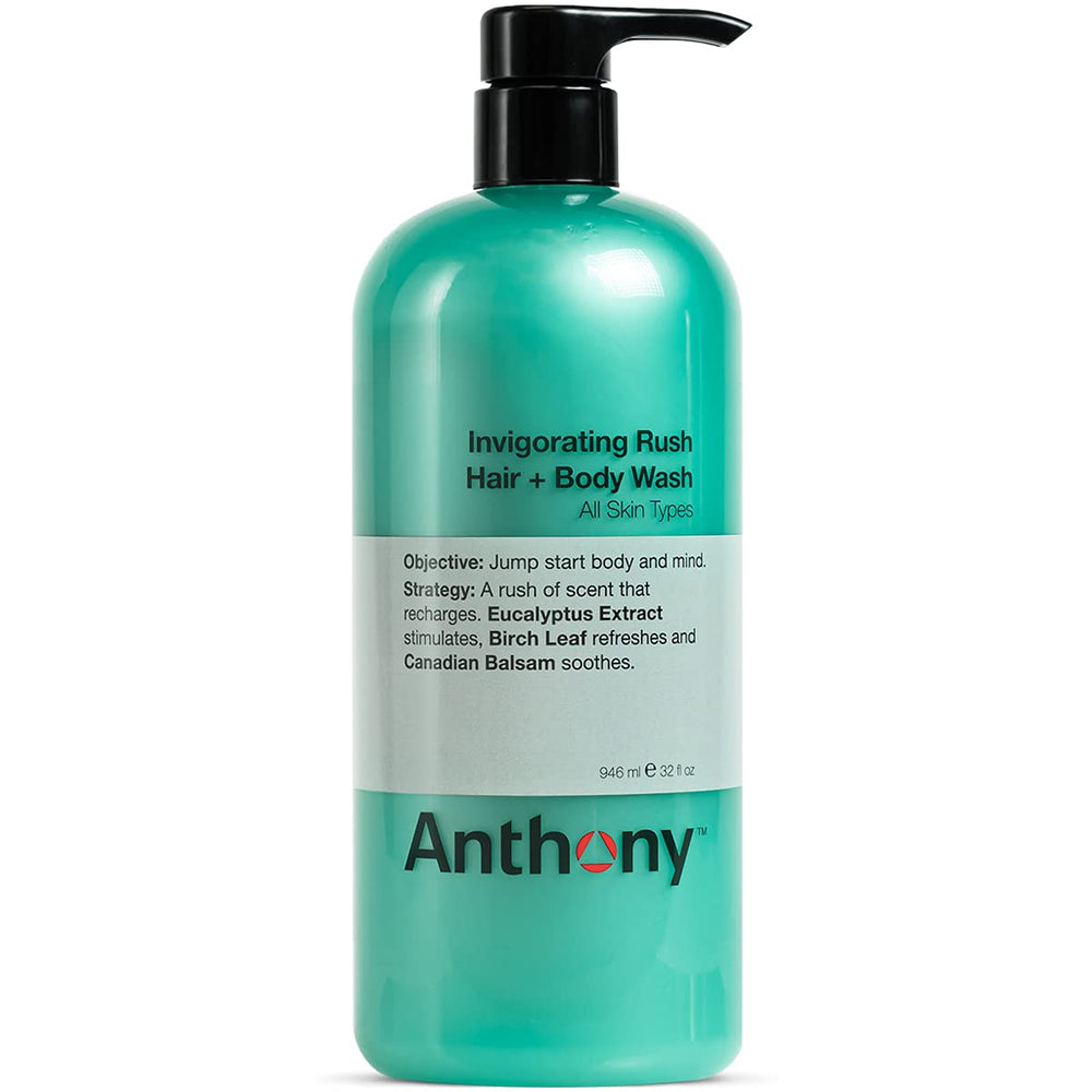 Anthony Invigorating Rush bottle pour demonstrates convenient 2-in-1 cleansing.