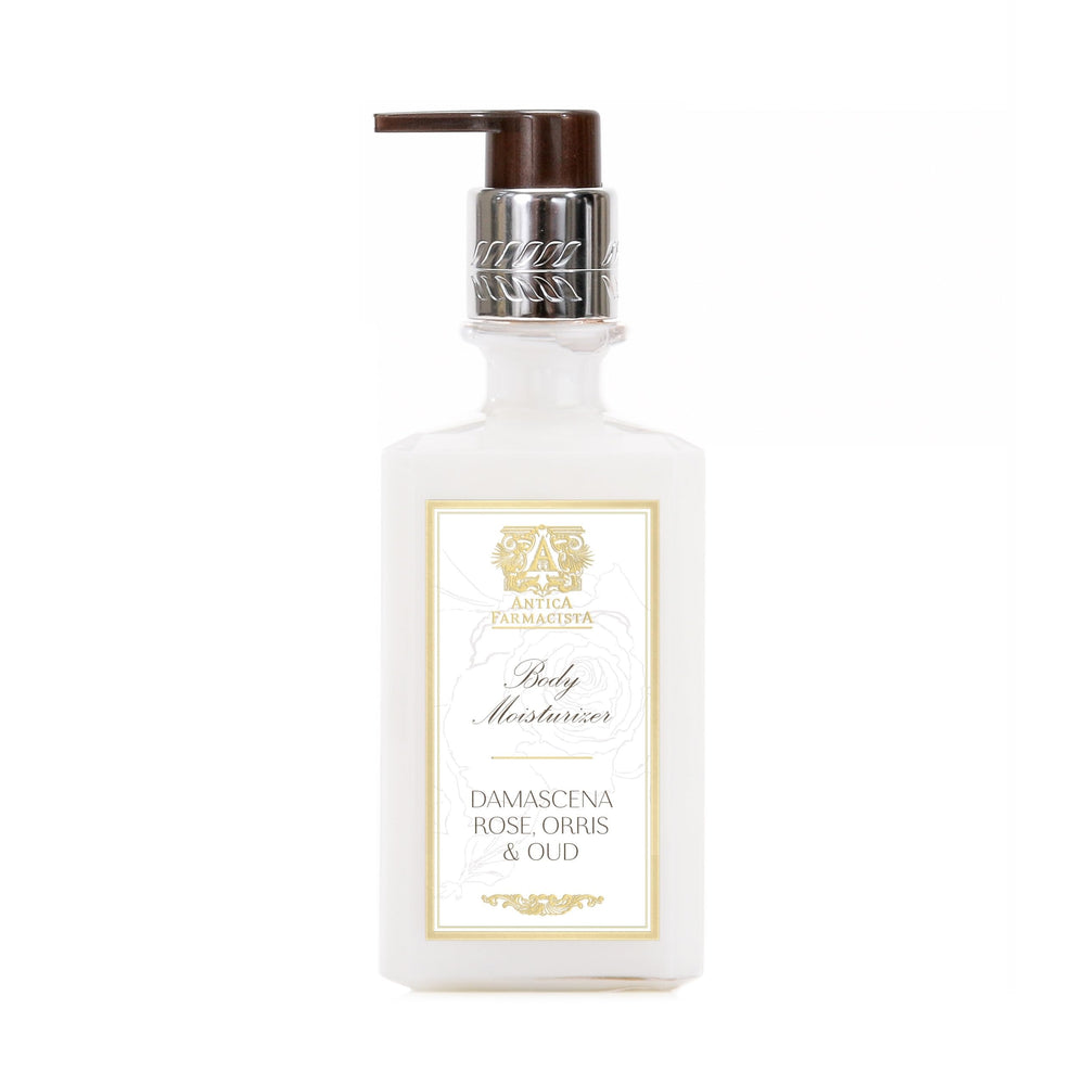 Antica Farmacista Body Moisturizer Damascena Rose bottle showcases luxury hydration and a delicate scent.